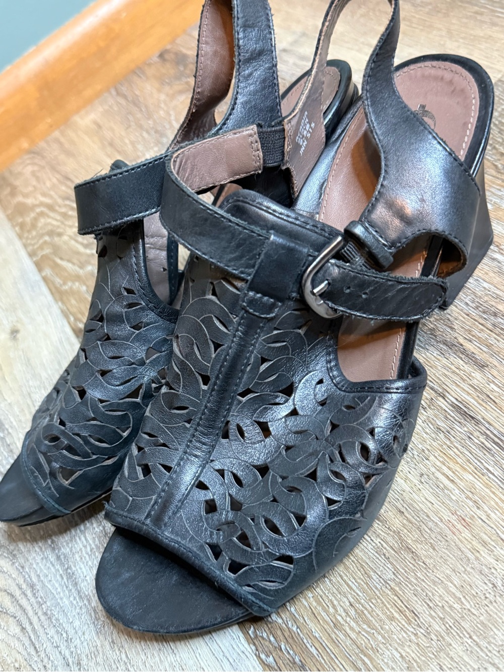 Earthies Black Laser-Cut Leather Slingback Heels